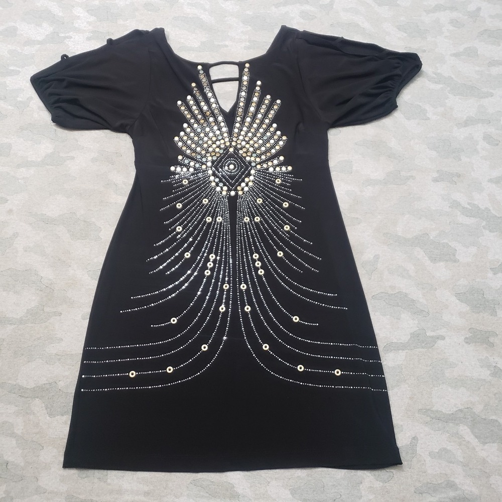 Bisou Bisou Dress Women 8 Black V-Neck Short Sleeve Metallic Embellished Keyhole